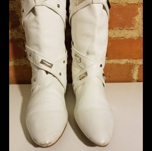 VINTAGE WHITE LEATHER BOOTS PUNK STUDDED STRAPPY SIZE 7/8 BIKER BABE ROCKER SEXY - Picture 7 of 11